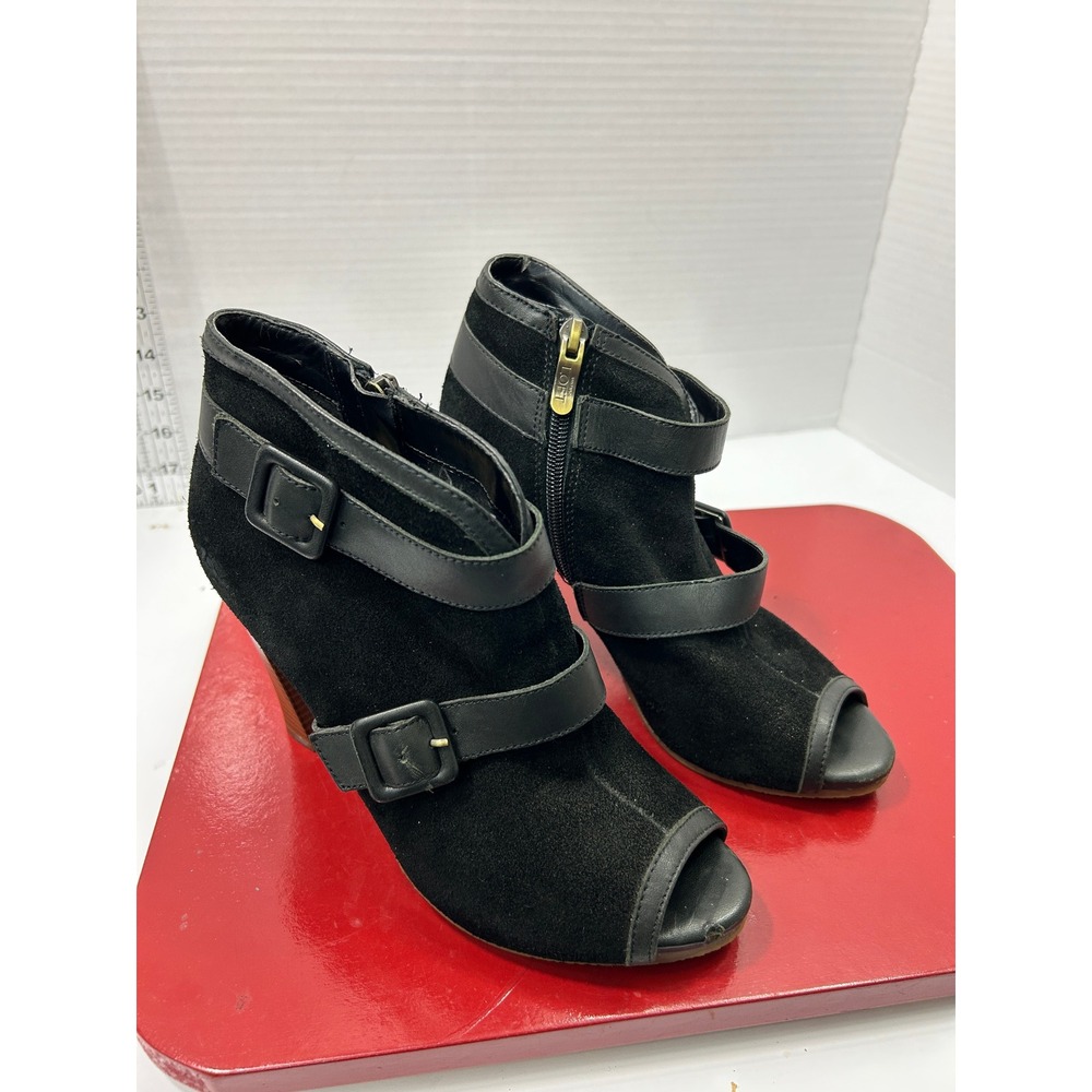 Loft Suede Buckle Peep Toe Bootie 7M Black Stacked Heel Dark Academia Edgy Chic